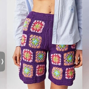 NWT Free People x Flook Crochet Shorts Knit Sweater Long Bermuda Patch Purple